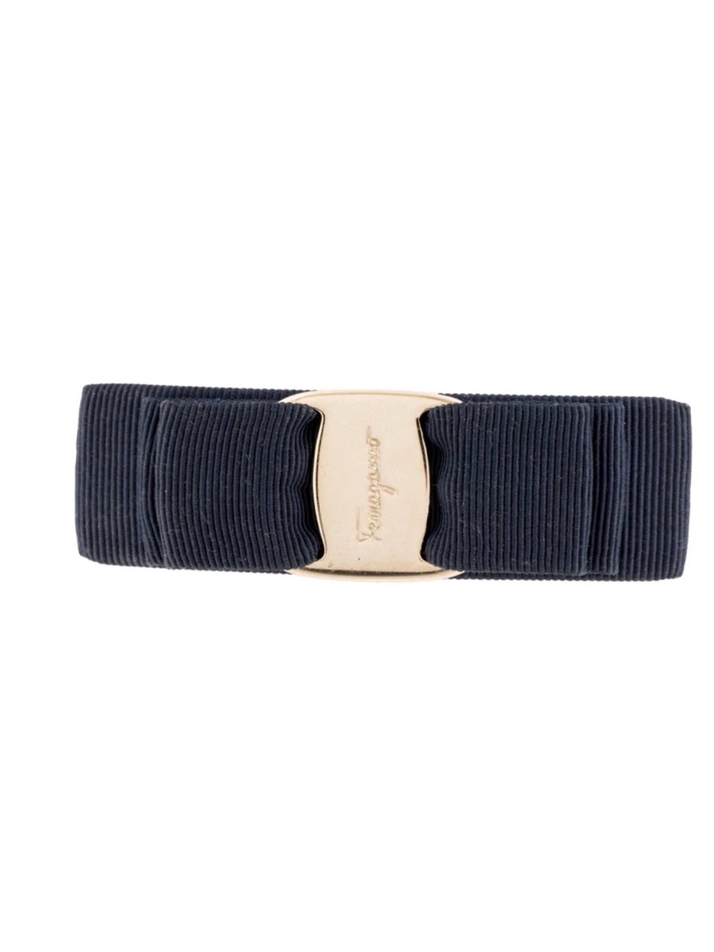Salvatore Ferragamo Navy Grosgrain Bow Hair Pin/Clip Gold-Tone Logo